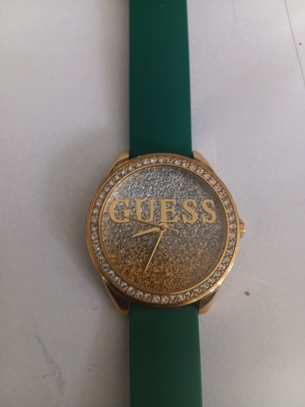GUESS Women’s Gold Glitter Dial Green Silicone Strap Watch